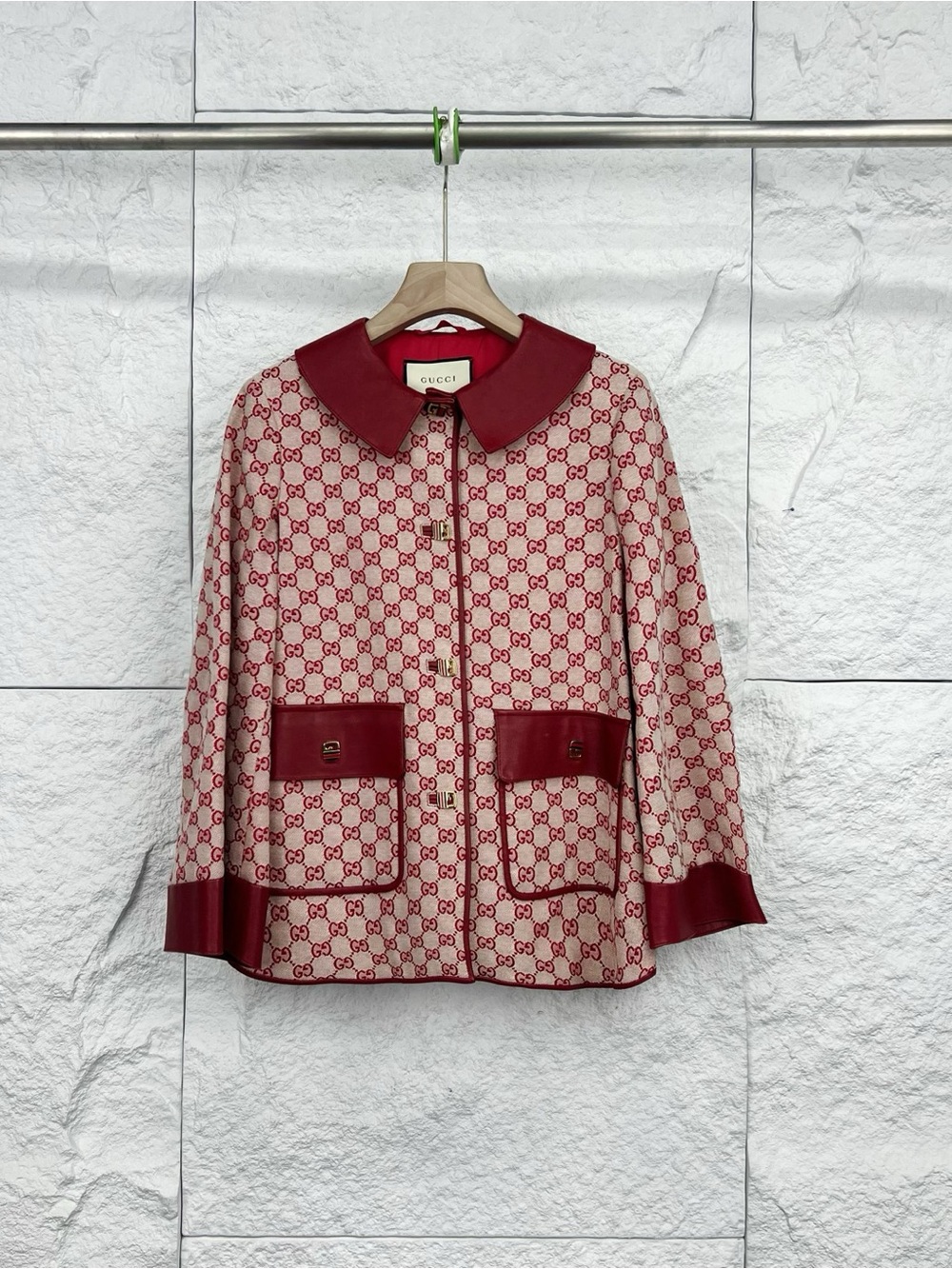 Gucci Cream and Red GG Jacquard Jacket with Leather Trim